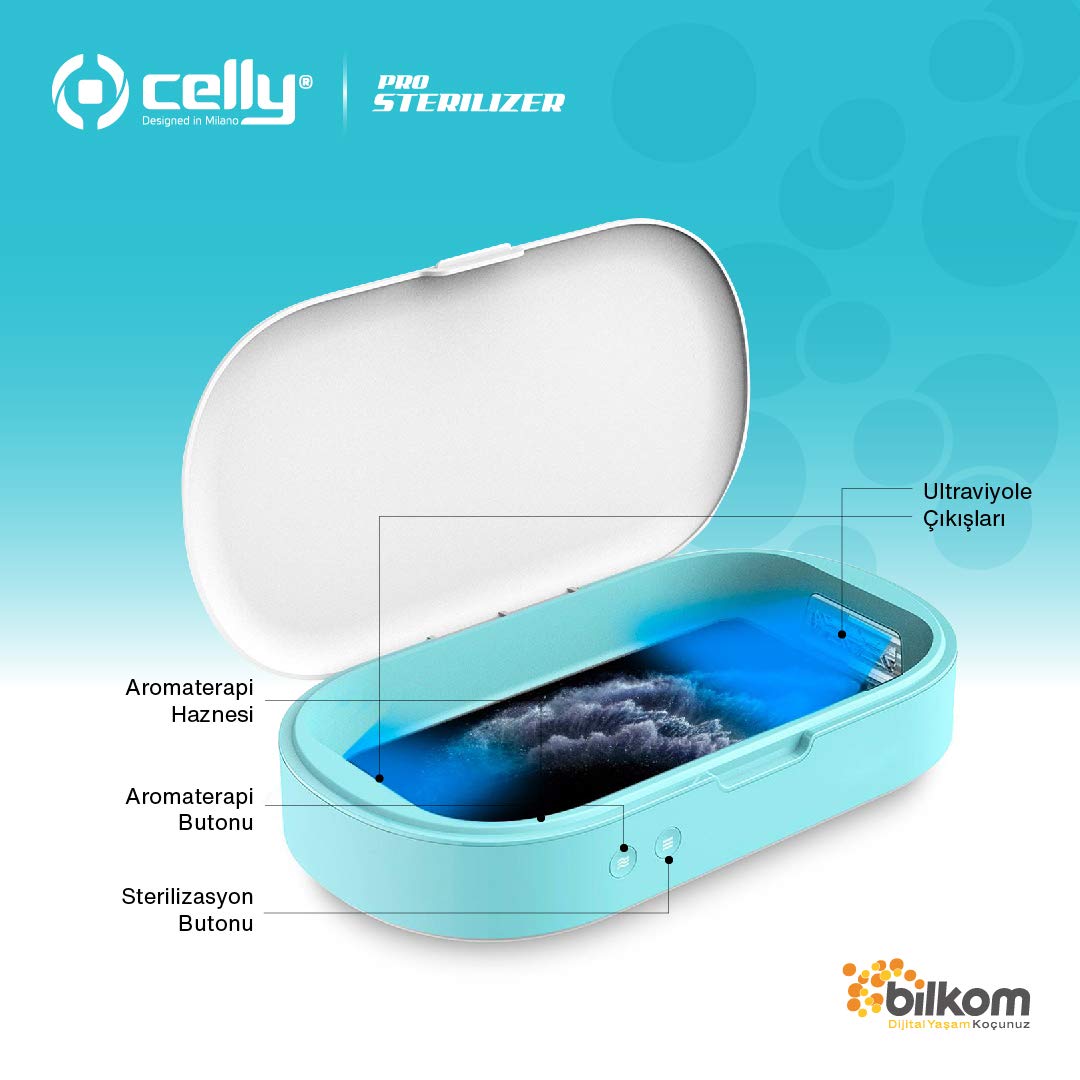Celly Sterilizzatore UV Universale (certificazioni), Scatola disinfettante con Raggi UV-C e Funzione aromaterapia per Smartphone e Accessori, Orologi, Maschere, Guanti.