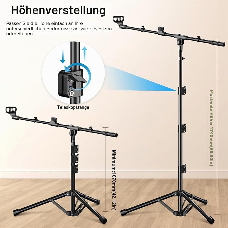 Stativ de microfon ZOMON cu trepied și braț telescopic, reglabil pe înălțime, robust, pentru voce și podcast, compatibil cu Blue Yeti, Shure SM58, SM48, Samson Q2U