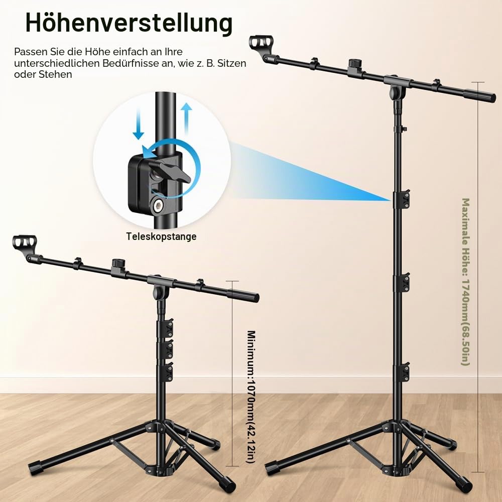 Mikrofonständer,Stativ-Boom-Arm Bodenmikrofonständer mit Höhenverstellbarer heavy - duty ausfhrung f r Gesang und podcast,Kompatibel mit Blue Yeti,Shure SM58/SM48,Samson Q2U