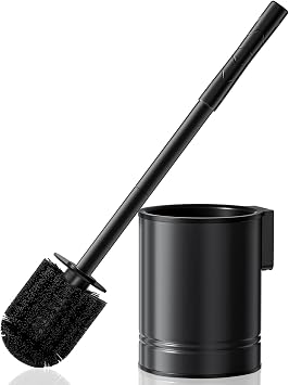HAMITOR Black Toilet Bowl Brush Metal Rustproof Bathroom Cleaning Accessories Set with Hidden Holder for Renters - Wall-Mounted Family Compact Toilet Cleaner Kits for Apartment RV Small Space