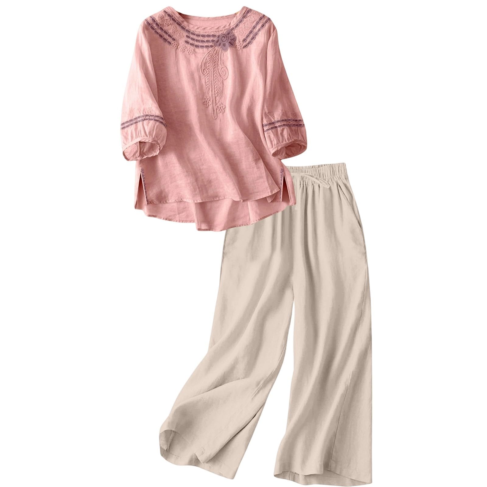 Ensemble deux pièces décontracté d'été haut brodé et pantalon large - 7