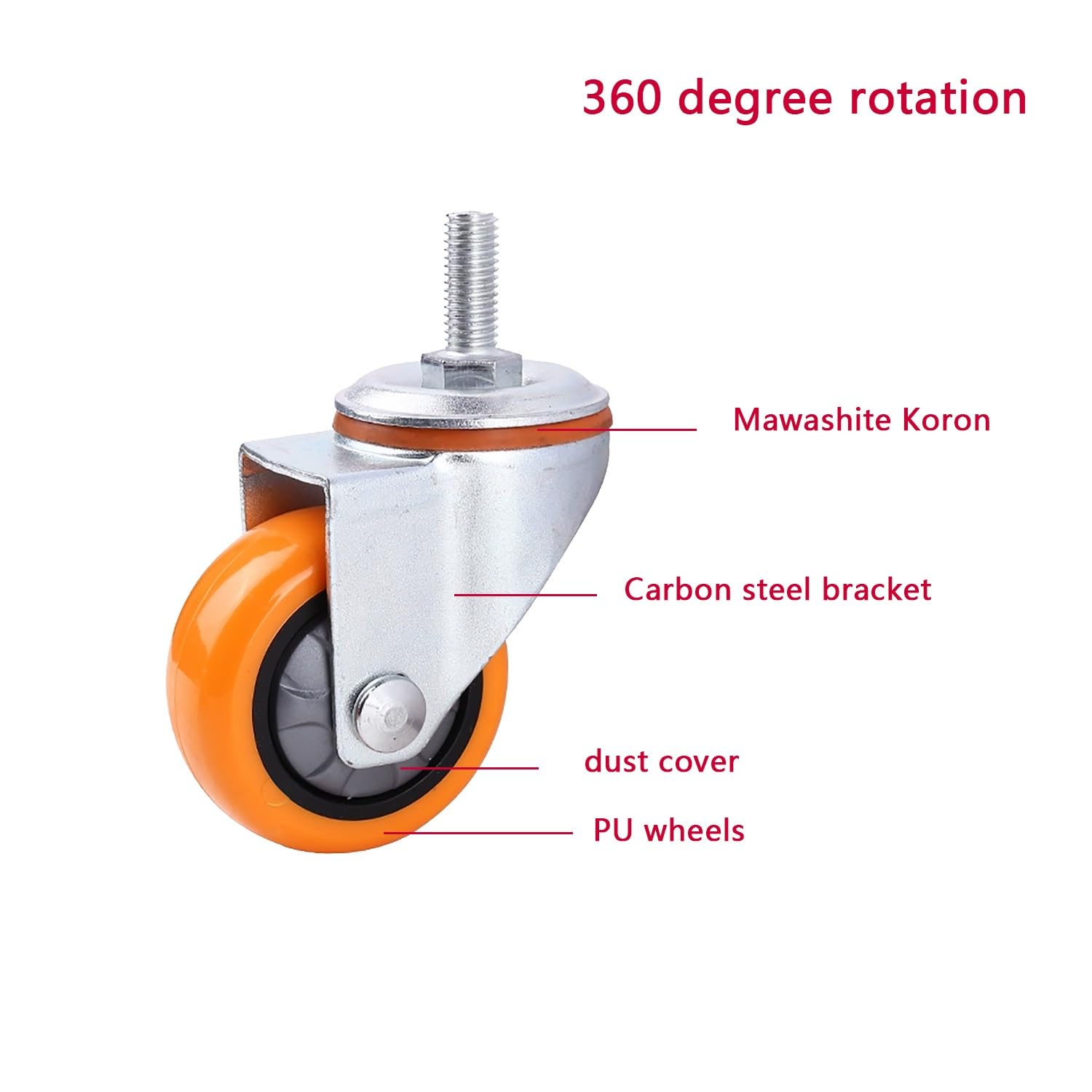 4 Pièces 75mm M12*30mm roulettes Filetées Pivotantes avec Frein, Roues en PU Silencieuses for Meubles, Capacité de Charge 300kg(2swivel+2with Brake,100mm)