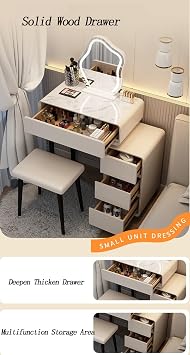 Smart Dressing Table with Wireless Charging/Bluetooth Speaker, Make Up Tables with 3-Color LED Light Mirror, Stool and Side Cabinet for Bedroom Makeup/Vanity Desk Grey,70cm/27.5in