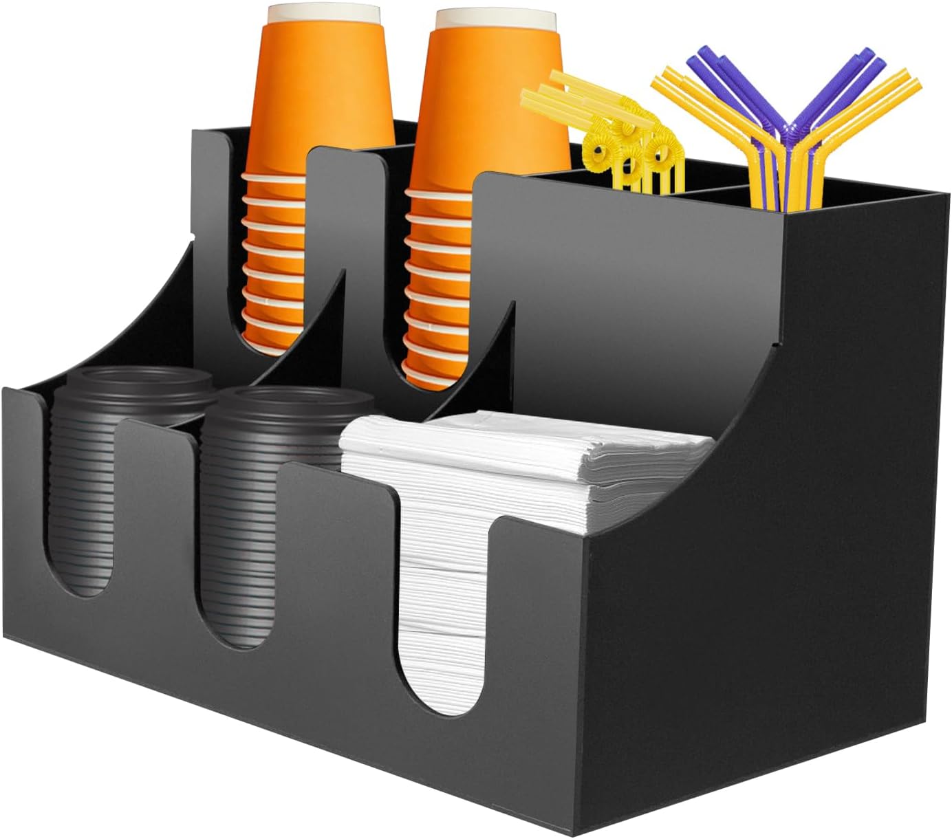 Coffee Bar Organizer for Countertop - Acrylic Coffee Station Condiment Holder, 7-Compartment Cup & Syrup Pod Storage for Home, Office, Cafe - Stylish Black Design