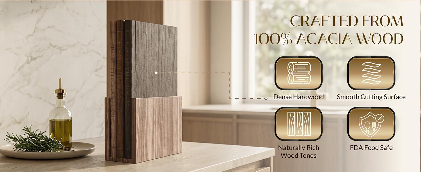 Stella Gene - The Cutting Board Kitchen Trilogy, Decorative 100% Acacia Cutting Board Set, Book-Inspired Wooden Cutting Boards with Stand, 3-Piece Cutting Board Library Style Set, Meat & Cheese Board