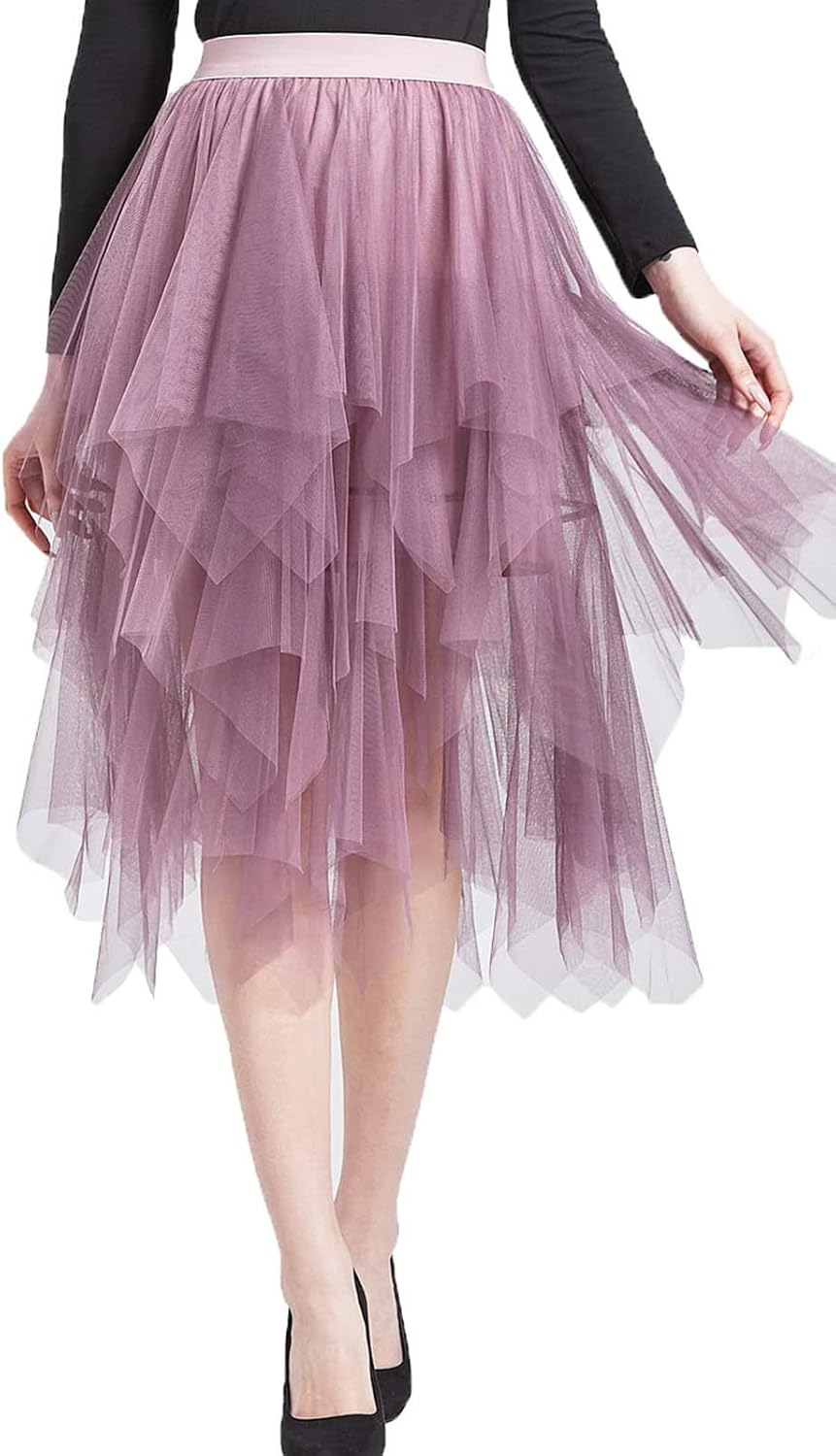 LBKKC Tulle Skirts for Women, Puffy Skirt Asymmetrical Midi Length Ruffled Tutu Layered Mesh Fairy Skirt - Image 7