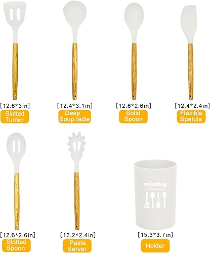 Miniatura 2 de Veluebay Juego de utensilios de cocina de silicona, 7 piezas de utensilios de cocina de silicona con mango de madera, juego de utensilios de