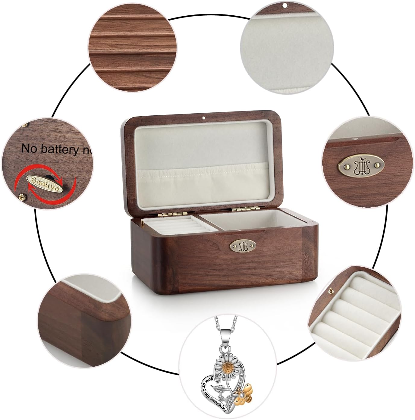 Vintage Wooden Wind-up Musical Box Jeweled Music Box and Sunflower Necklace Sunflower Birthday Gift for Women Christmas Gift (Walnut; Tune: You are my Sunshine)