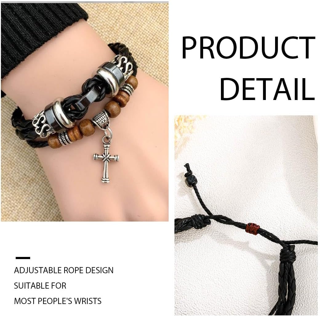 Leather Cross Bracelet Black Stackable Bracelets Braided Beaded Bracelet for Men and Women Holiday Party