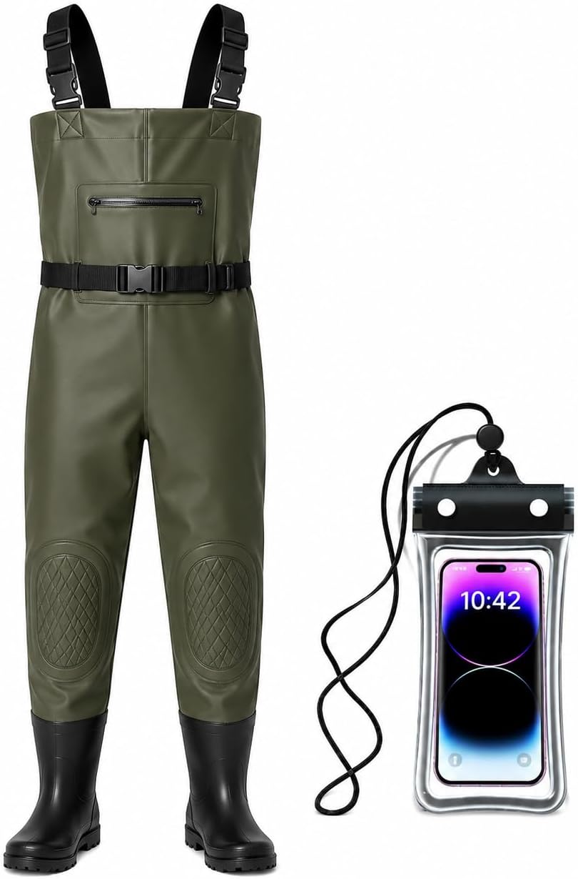 Fishing Waders, PVC Waterproof Bootfoot Waders for Men Women, Reinforced Knees, Adjustable Straps, AntiSlip Sole