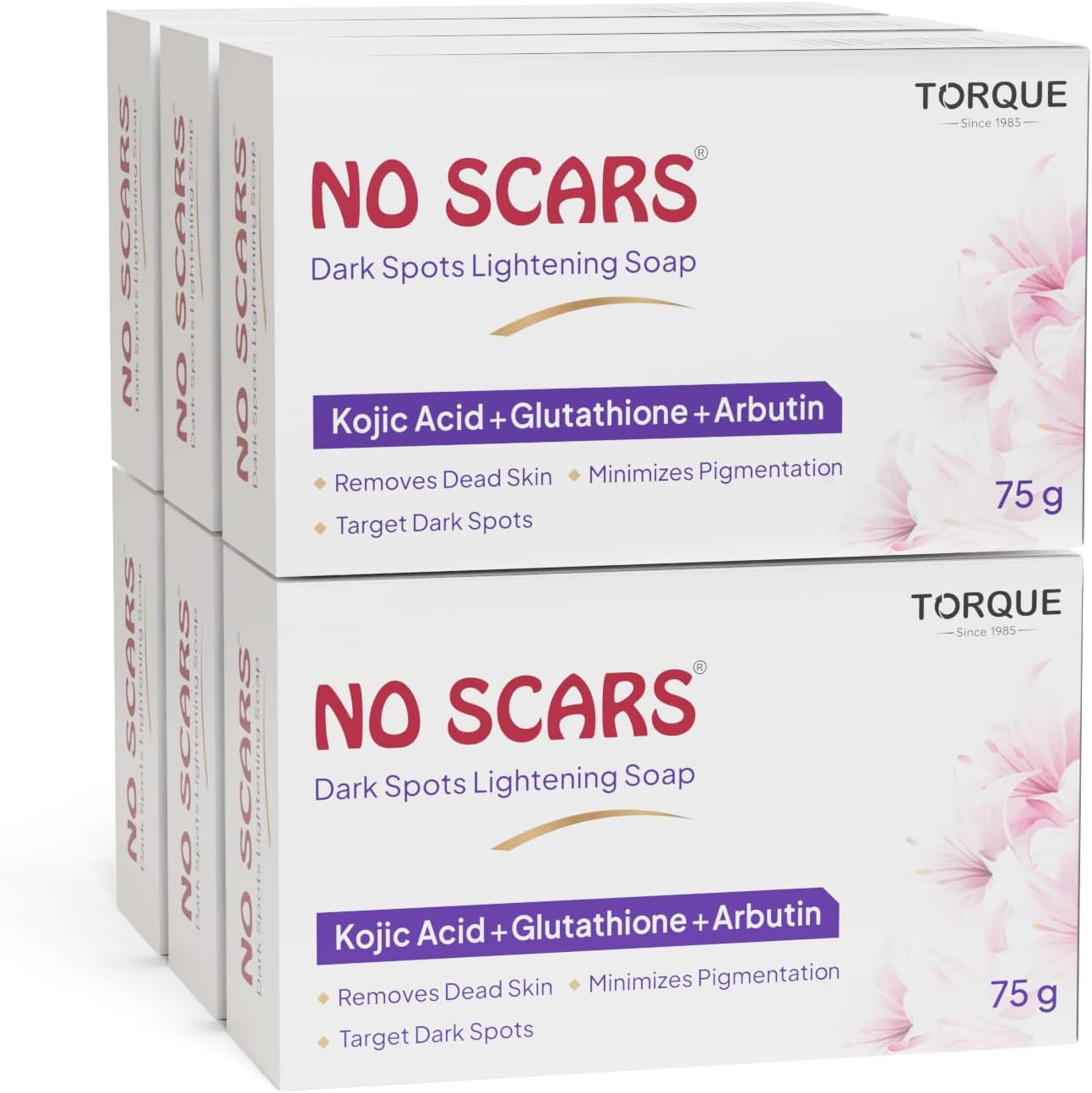 No Scars Kojic Acid & Glutathione Soap | Whitening Bath Soap for Men & Women | Tan & Dark Spot Removal | Brightens Skin & Reduces Hyperpigmentation | Glowing Skin Soap (Pack Of 6)