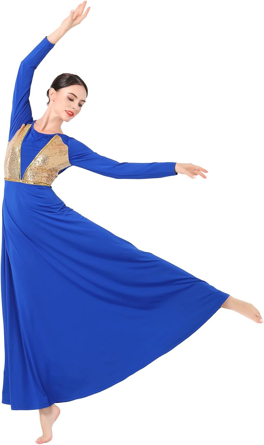 AFAVOM Praise Dance Dress for Women Sequin Gold Long Sleeve Lyrical Dance Dress Shiny Liturgical Worship Dancewear Costume
