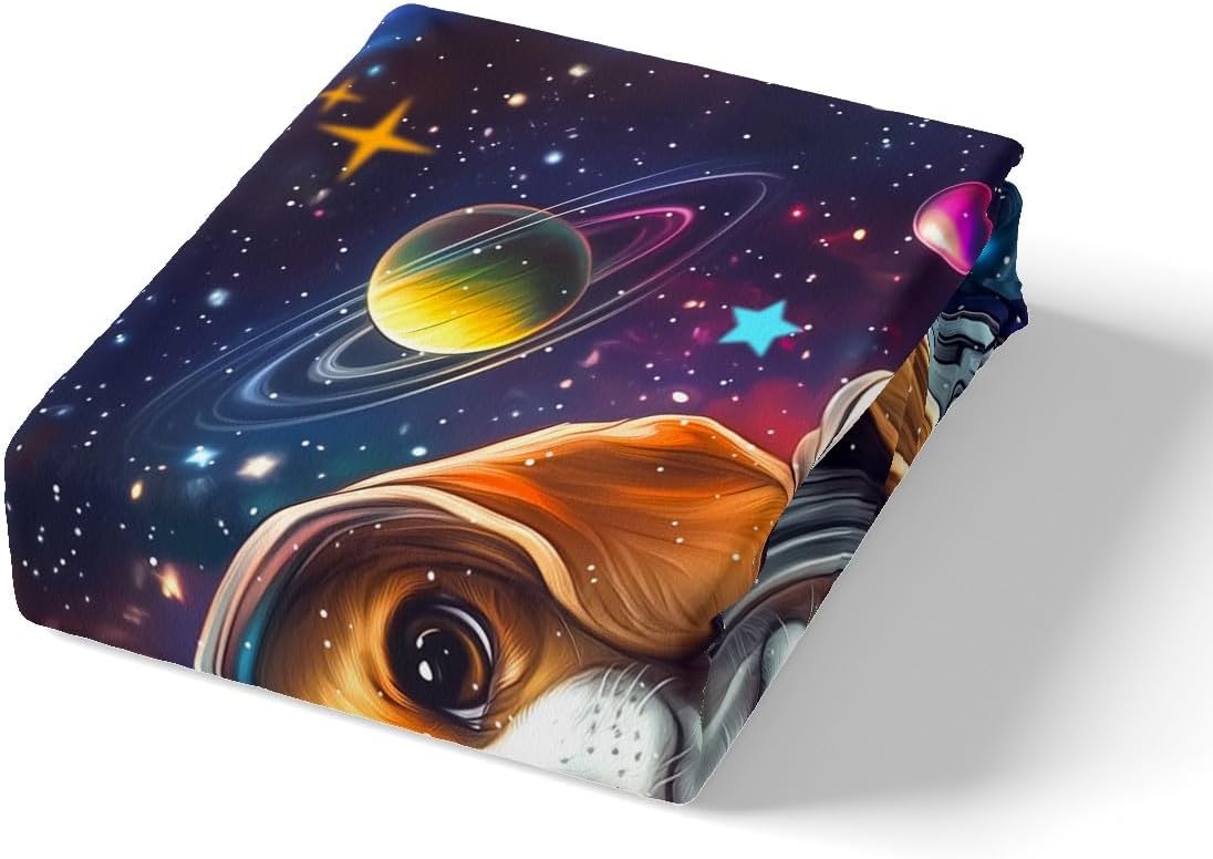 Cartoon Dog Fitted Sheet Full Size Astronaut Puppy Animal Bedding Set Kids Room Decor Universe Planets Nebula Bed Cover with 2 Pillowcases Geometric Circle Soft Polyester Bedding,No Top Sheet