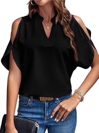 Womens Cold Shoulder Tops Summer Fashion Short Sleeve V Neck Casual Loose Solid Color Blouse Shirts