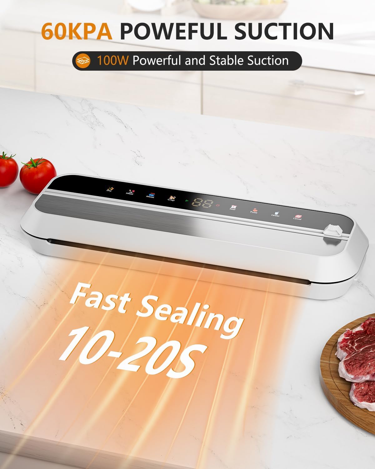 Vacuum Sealer, 8-in-1 Vacuum Sealer For Food, 100W, Digital Timer, Moist&Dry Mode and External VAC for Containers, Built-in Cutter & 10 Vacuum Bags （White） - Image 3