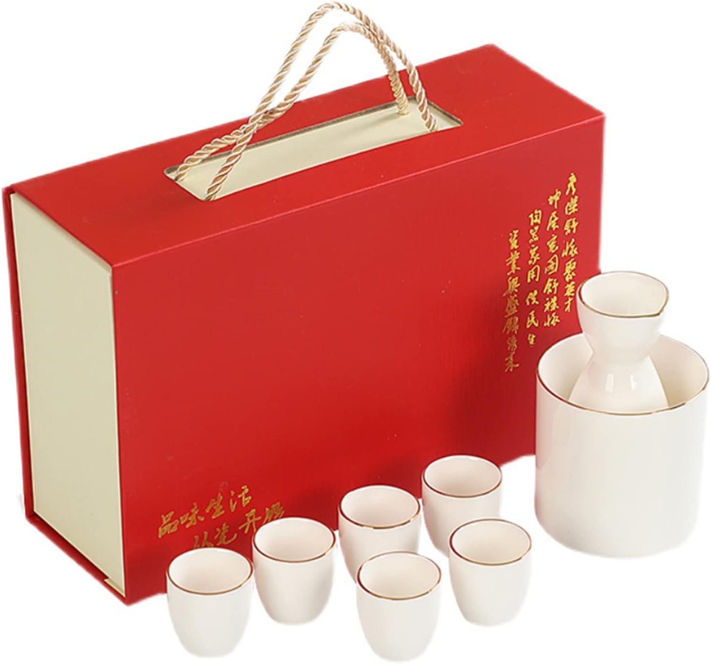 Sake Cup Set*8 Pieces Sake Set, Traditional Japanese Ceramics Sake Cup Set, Elegant Design Best Gift for Family and Friends, with 6 Sake Cups, 1 Sake Pot and 1 Warming Pot Mugs, Onecolor