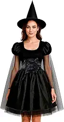 Fantasia Adulta Feminina de Halloween Vestido Bruxa Preto com Capa Gotica Medieval