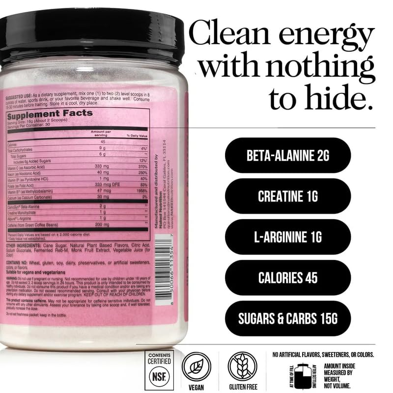 Image of NAKED Strawberry Lemonade Energy - Clean Pre Workout Supplement for Men and Women, NSF Certified, Vegan Friendly, No Added Sweeteners, Colors Or Flavors - 30 Servings