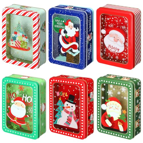 Landhoow 6-Piece Christmas Cookie Tins with Lids - Metal Xmas Tin Containers for Gifts & Treats (Rectangle)