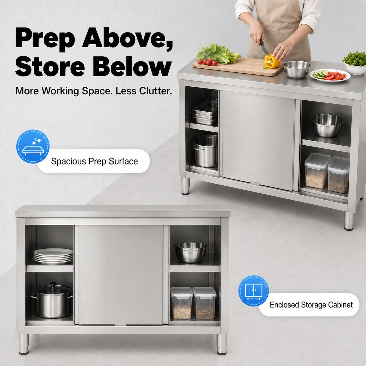 Armadio da lavoro con ante scorrevoli, 120 x 50 x 86 cm, 3 ripiani, tavolo da lavoro commerciale in acciaio inox, armadio da cucina con ante scorrevoli, armadio indipendente in acciaio inox