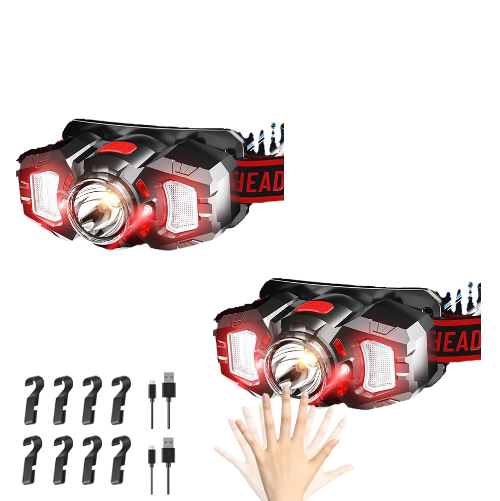 2 Headlamps White Red LED Headlamp 70 Up Down Adjustable 4 Clips Motion Switch 800 Lumens 500 Feet