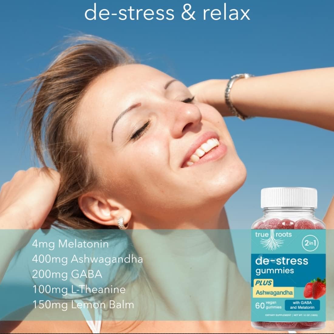Stress Gummies Same Day Stress Relief | Destress and Calm | Ashwagandha, GABA, Melatonin, l-Theanine, Lemon Balm | Sugar Free Vegan 60 ct
