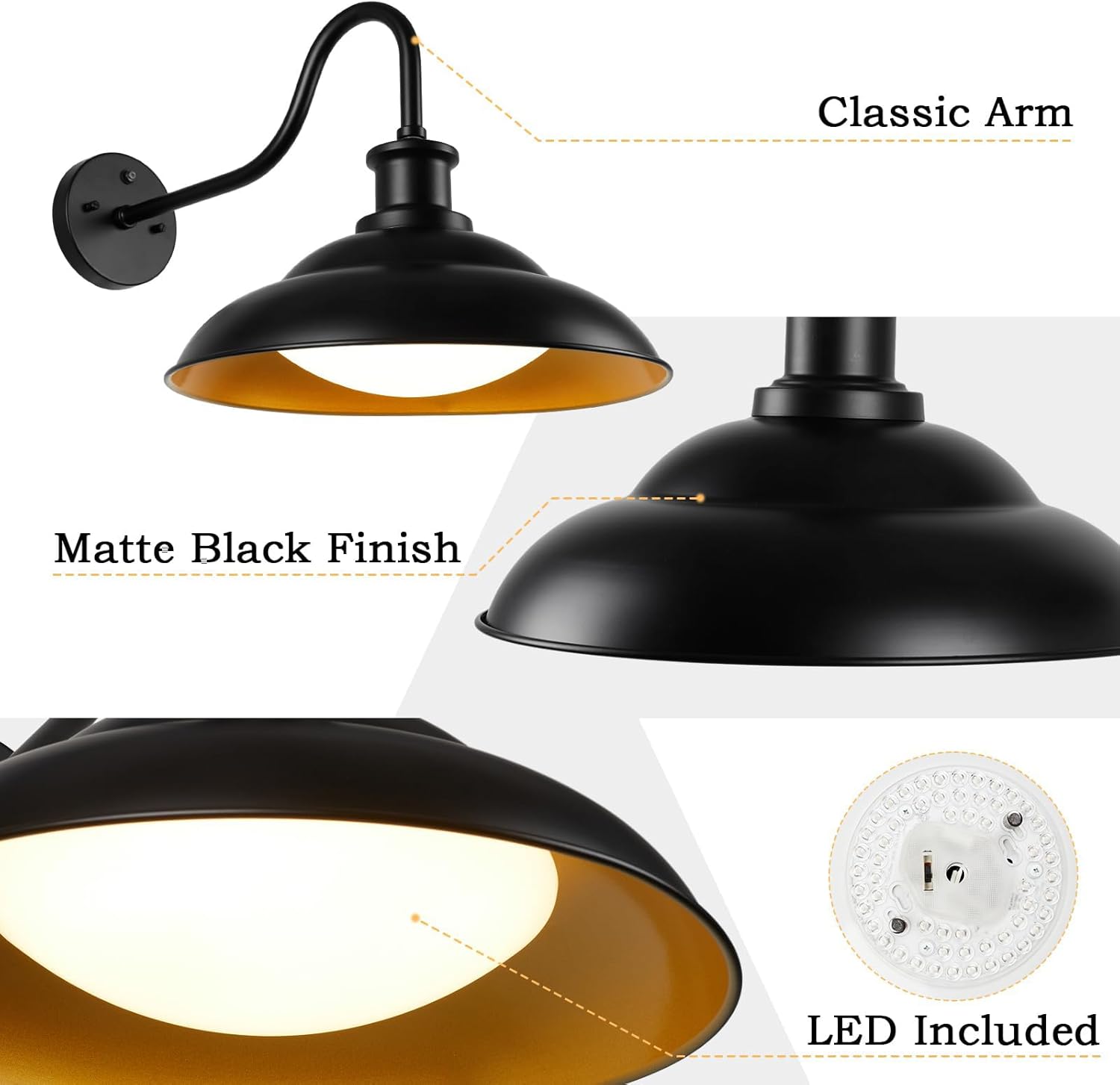 LED Outdoor Barn Lights, 12 Inch Farmhouse Exterior Wall Light Fixtures with Adjustable Color Temperature, Black Porch Lights Outside for House, Outdoor & Indoor, Gold Interior, 1 Pack