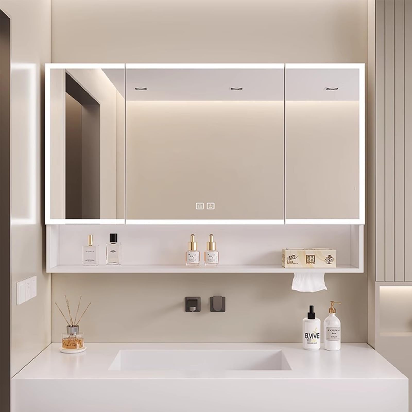 Espejo Baño con Luz, Antivaho, Espejo de Baño con Almacenaje, Armario Baño Pared, Mueble Espejos de Baño para Salón, Dormitorio