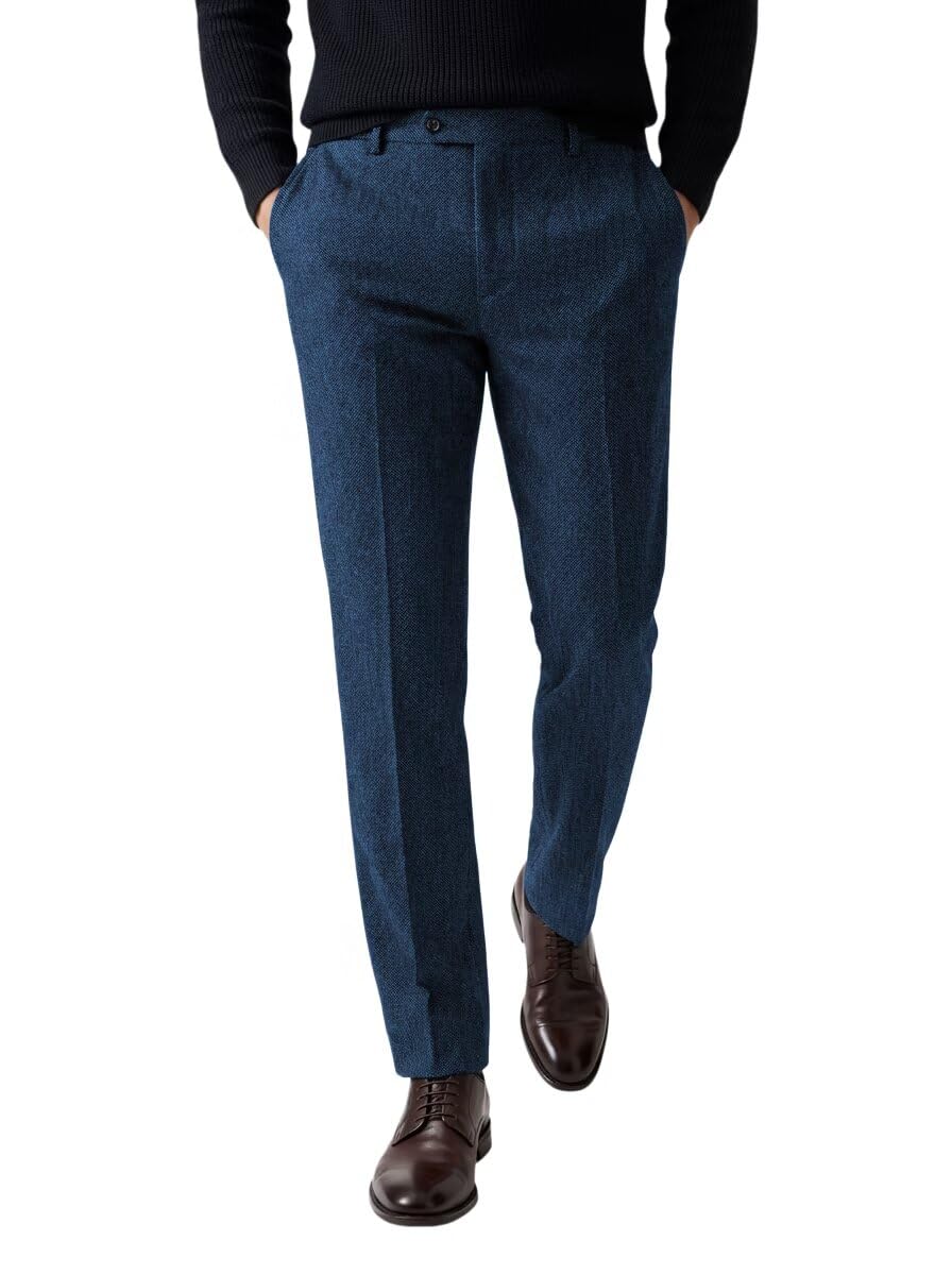 Ceehuteey Mens Retro Dress Suit Pants Thick Wool Flat Front Herringbone Tweed Trousers