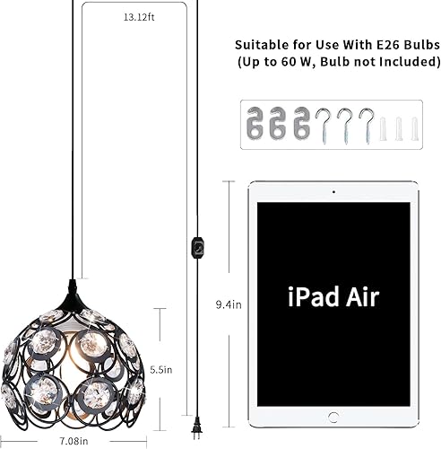 Miniatura 4 de TISLYCO Candelabro negro enchufable, luces colgantes de cristal con cable de enchufe de 13.12 pies e interruptor de encendidoapagado, lámpara