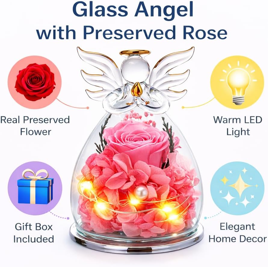 Angel Gifts for Women Mom Grandma, Preserved Rose Forever Flower in Glass Angel Figurine with LED Lights, Birthday Gifts for Mom from Daughter, Anniversary Valentine's Day Gifts for Friend Her Wife
