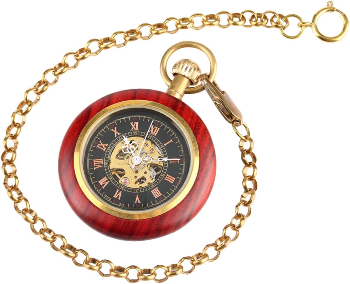 Hemoton Antique Mechanical Pocket Watch with Roman Numerals, Copper Wood Grain Frame, Vintage Hanging Watch with Chain for Men, Classic Steampunk Style for Daily Wear and Collectors