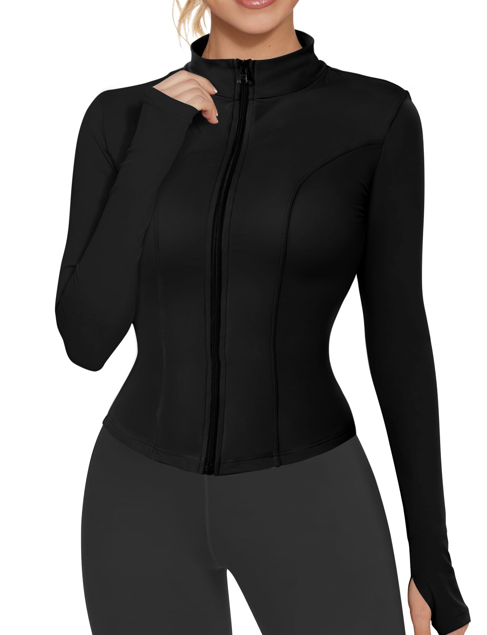 AURUZA Womens Workout Jackets, Lightweight Zip Up Athletic Jacket for Women Cropped Workout Gym Running Tops With Thumb Holes