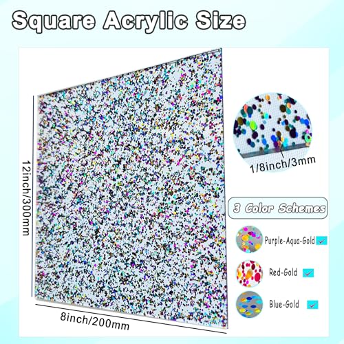 Image of Confetti Dot Glitter Acrylic Sheets 12 inchx8 inch Purple-Aqua-Gold 3pcs | Clear Sparkly Cast Acrylic, 1 /8 inch Thick, For Laser Cutting and Engraving, CNC Compatible