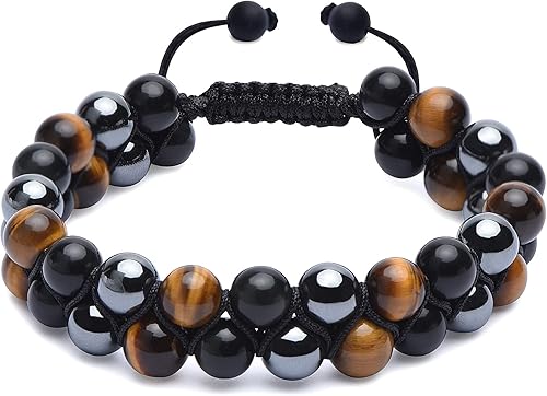 HASKARE Triple Protection Bracelet, Genuine Tigers Eye Black Obsidian and Hematite 8mm Beads Bracelet for Men Women, Crystal Jewelry Stone Bracelets