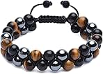 HASKARE Triple Protection Bracelet, Genuine Tigers Eye Black Obsidian and Hematite 8mm Beads Bracelet for Men Women, Crystal Jewelry Stone Bracelets Christmas Gifts for Men Bring Luck Prosperity