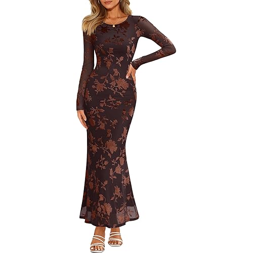 MEROKEETY Women's Fall Formal Wedding Guest Dress Long Sleeve Maxi Bodycon Floral Mesh Winter Cocktail Party Dresses