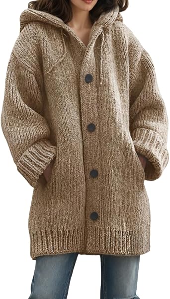 TIAFORD Womens Oversized Casual Chunky Knit Hooded Cardigans with Pockets, Fall Winter Warm Button Down Sweater Coats