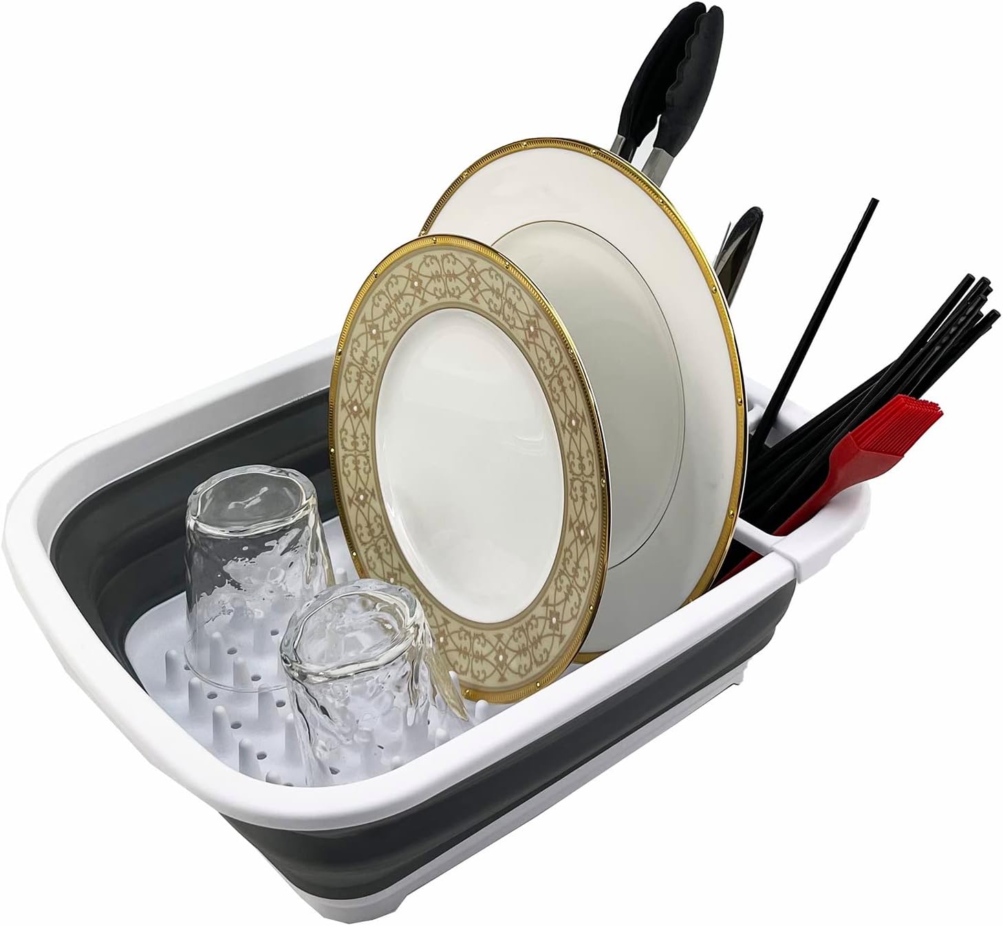 SAMMART Combo Collapsible Washing up Set, Bucket, Dish Drainer, Dish tub and Laundry Basket with Handle - Space Saving, Camping Set, Picnic Set, (Grey/Steel Grey/Grey(Set of 4))