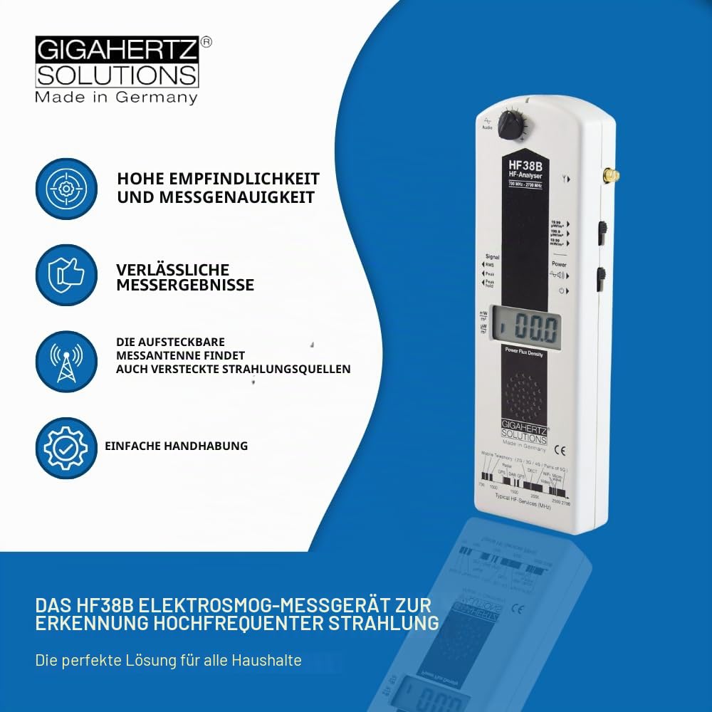 Gigahertz Solutions HF38B | Hochfrequenz Elektrosmogmessgerät | Präzise & zuverlässige Messung von Elektrischer & Magnetischer Feldstärke 800 MHz - 3,3 GHz | mit LogPer Antenne