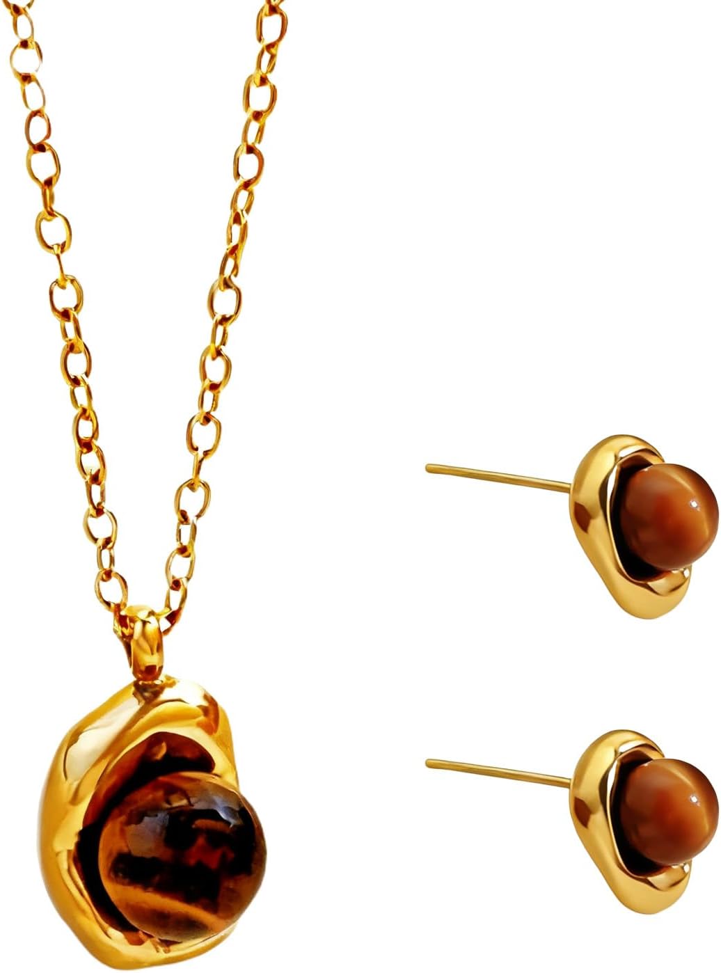 Brown Tigers Eye Stone Necklace and Earrings Set for Women – Chunky Gemstone Pendant with Dangle Earrings, Elegant Prom Fashion Jewelry, Stunning Jewelry Set as Gifts