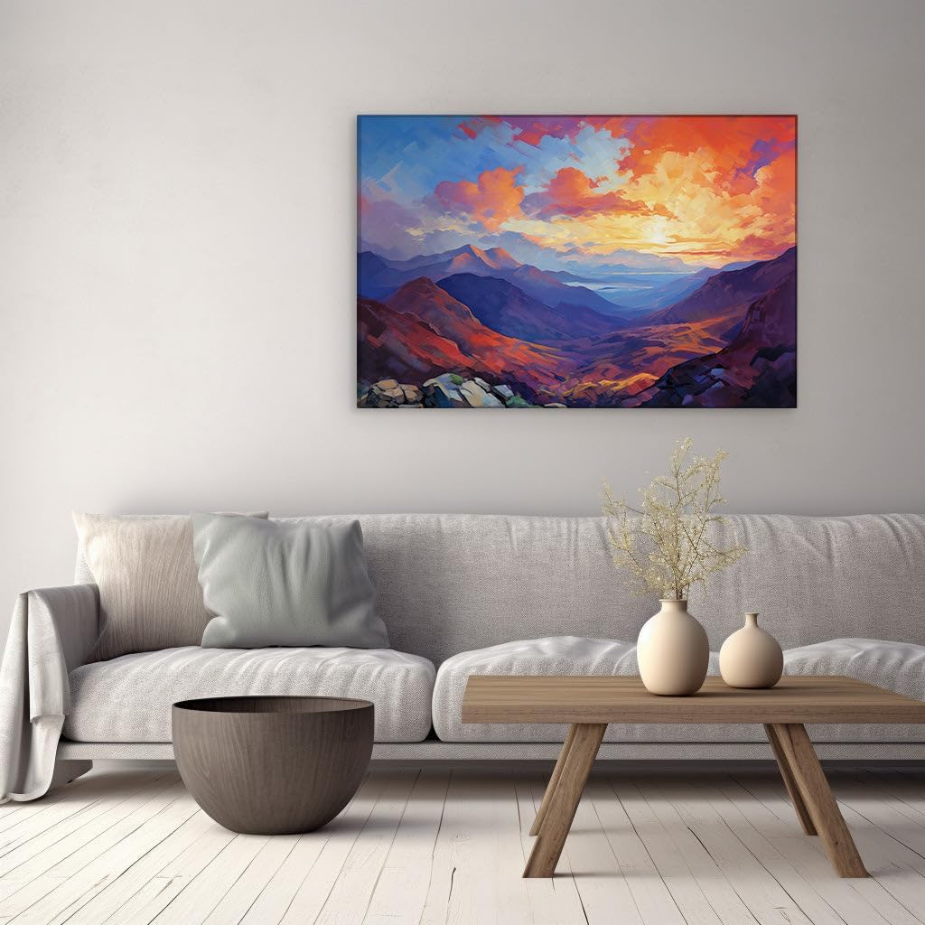 Canvas for Living room. Sunset Serenity: A Dazzling Spectrum Over Snow-Capped Peaks, 27 x 18 inch Canvas Wall Art - Surrealistic Visions - Modern Home Decor