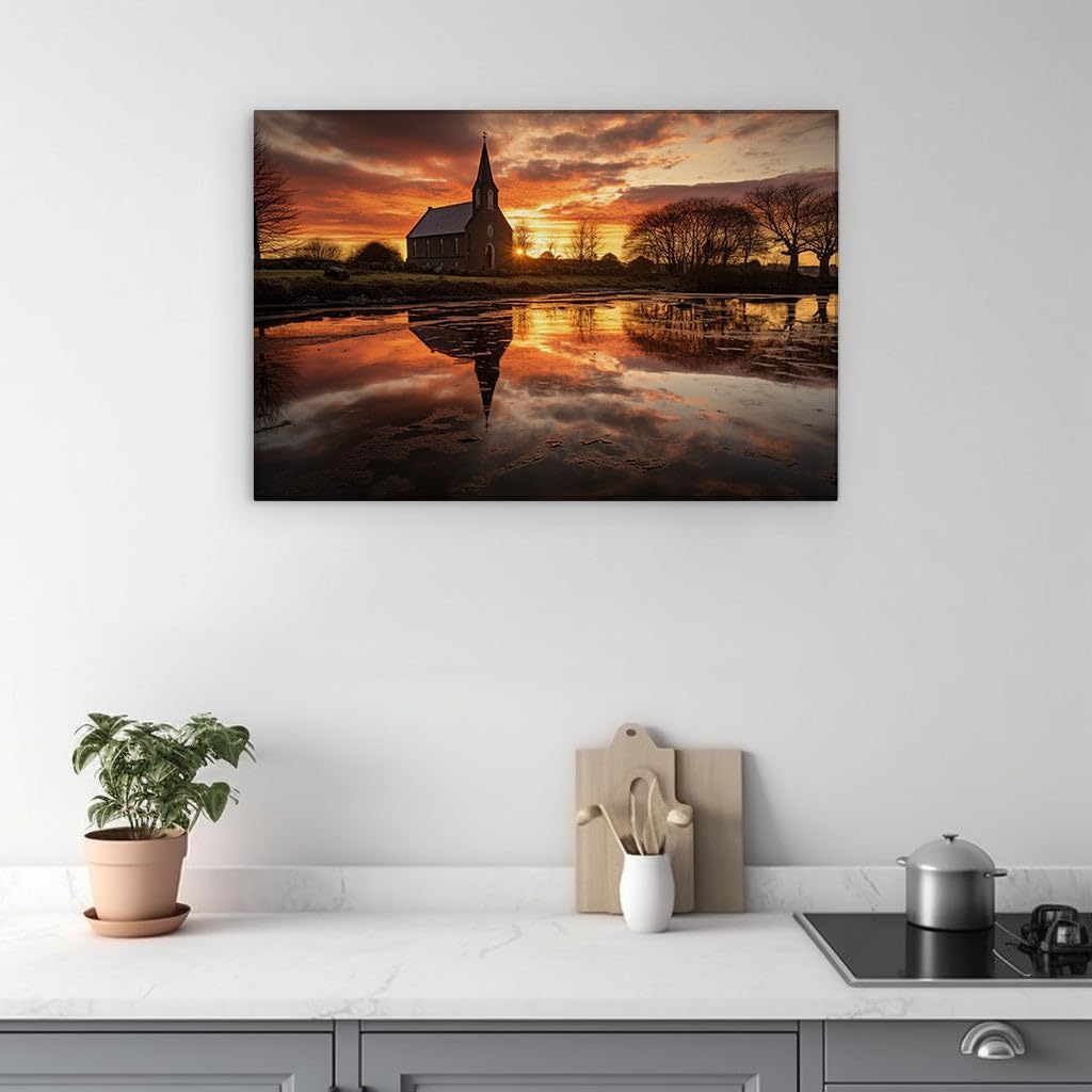 Canvas for Living room. Reflections of Serenity: A Sunset Vista with a Church Enveloped by Nature, 27 x 18 inch Canvas Wall Art - Contemporary Masterpieces - Modern Home Decor