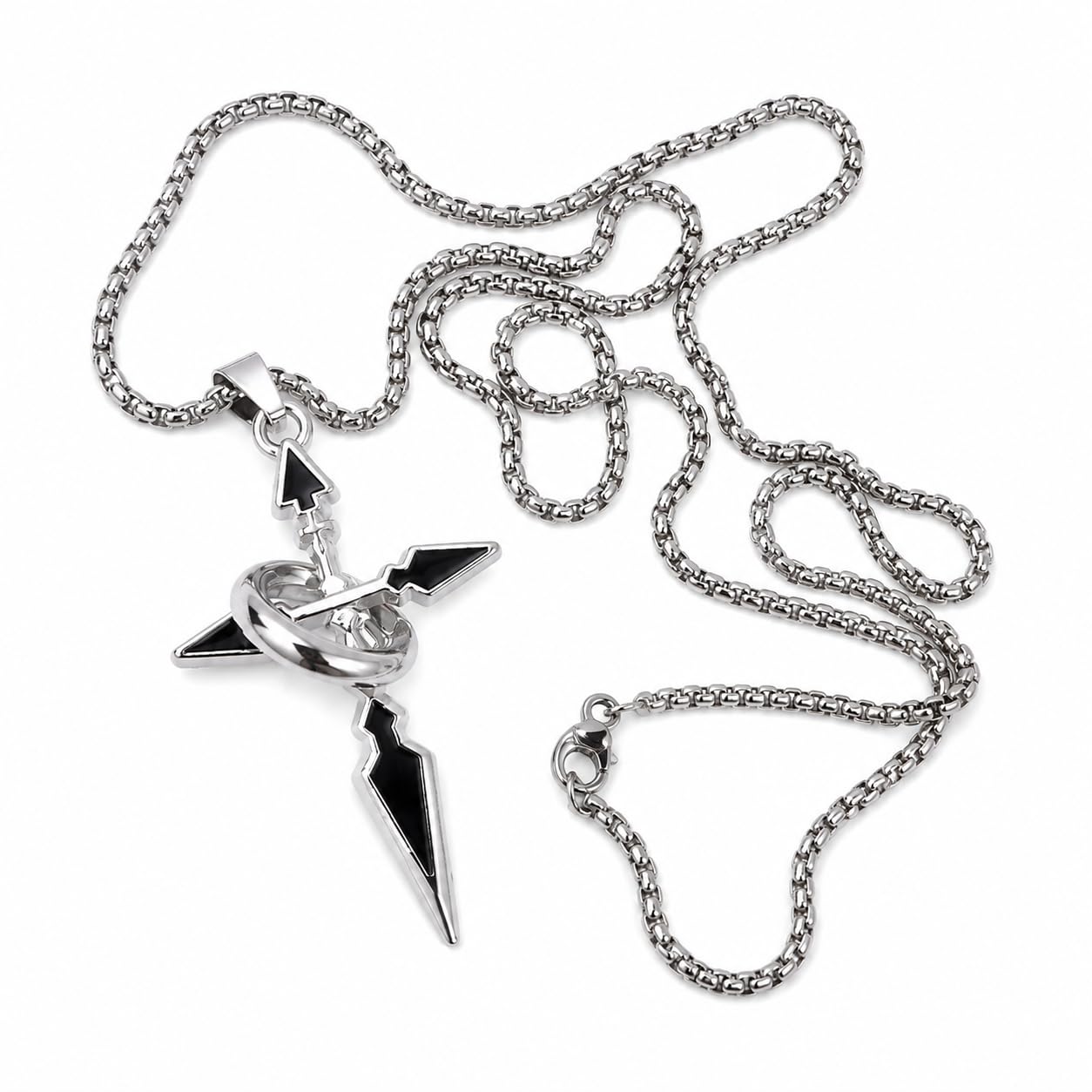 Arrow Cross Pendant Necklace with Box Chain, Silver and Black-image-42