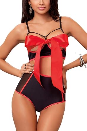 Women Unwrap Me Valentines Day Lingerie, 2 Piece Lingerie Set Red Bow Hight Waisted Babydoll Black, XX-Large