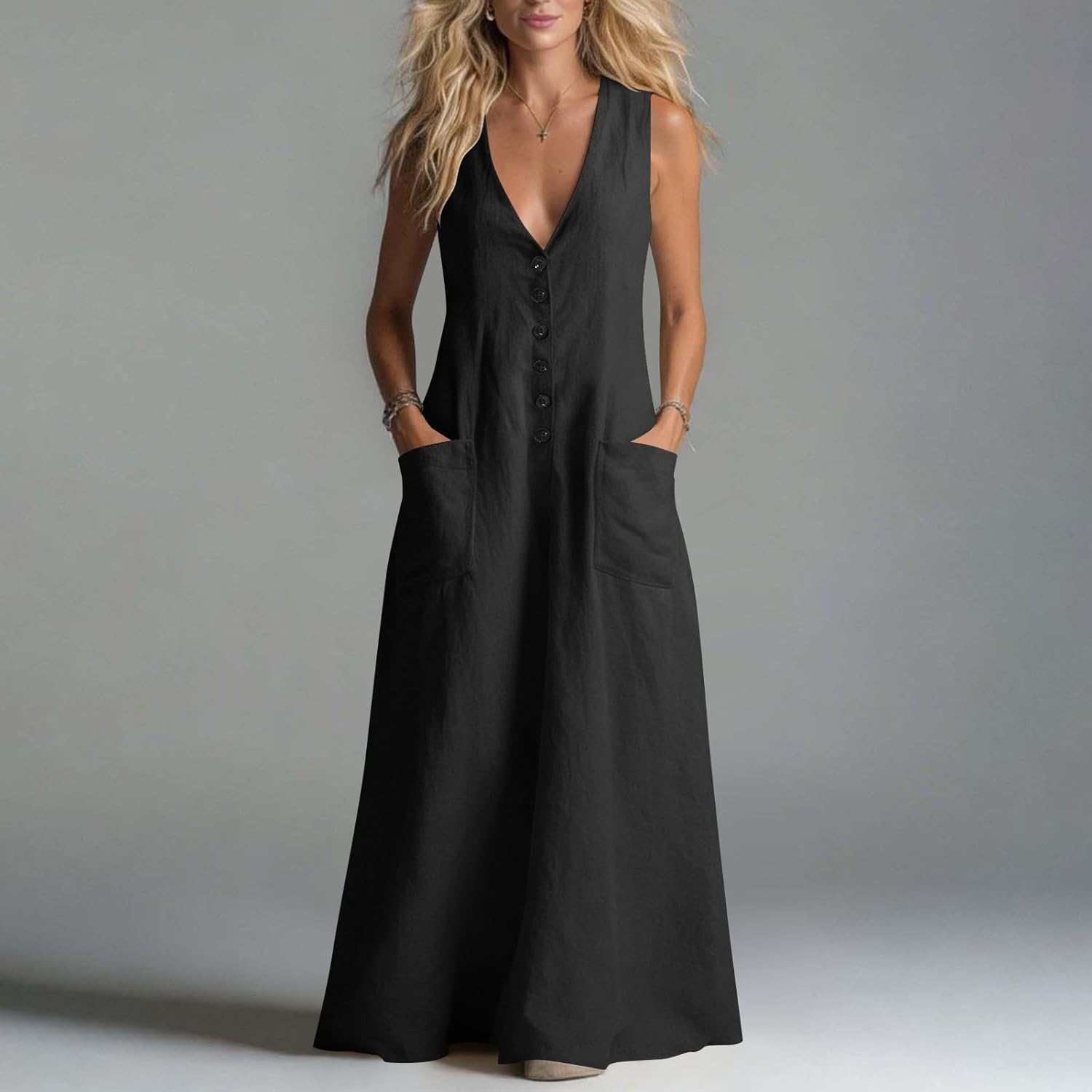 Deep V Neck Maxi Dress for Women Button Down Cotton Linen Flowy Dresses Loose Fit Summer Vacation Casual Dresses