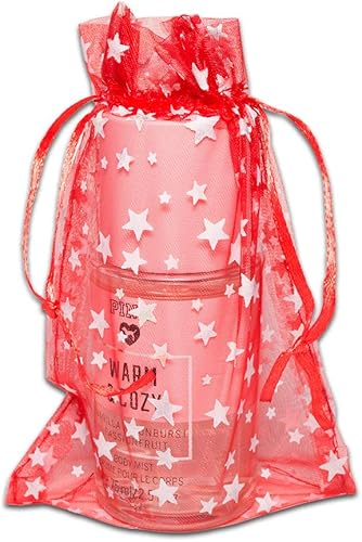 The Display Guys - Paquete de 100 bolsas de regalo de organza transparente de 4 x 6 pulgadas con cordón (mediano), estrellas metálicas (rojoblanco)