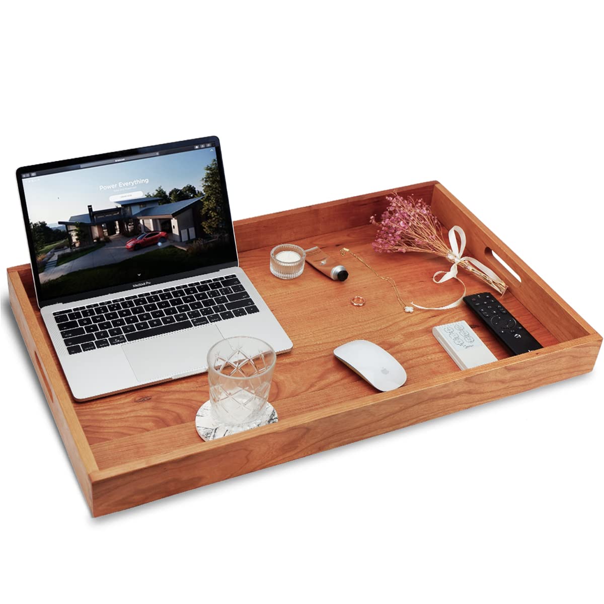 Plateau ottoman rectangulaire extra large en bois de cerisier avec poignées, pour servir le thé, le café ou le petit déjeuner au lit, 71 x 45 cm