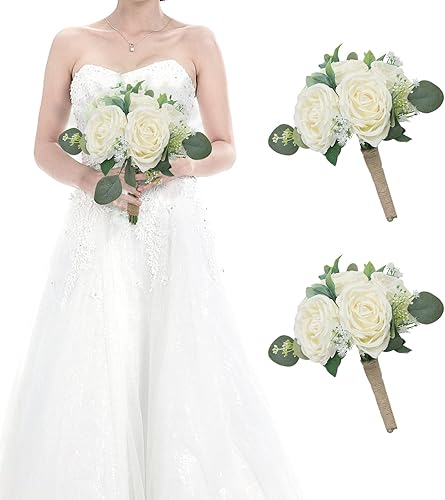 Juego de 2 ramos de flores artificiales de color marfil de 7 pulgadas para decoración de centros de mesa de ceremonia, aniversario, boda, dama de