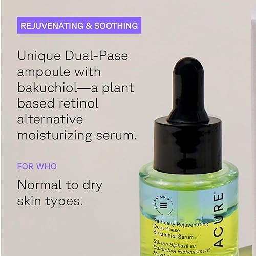 Miniatura 3 de Acure Suero de Bakuchiol de doble fase rejuvenecedor, 100% vegano, proporciona apoyo antienvejecimiento, berenjena y tumérico, calma, hidrata y rico